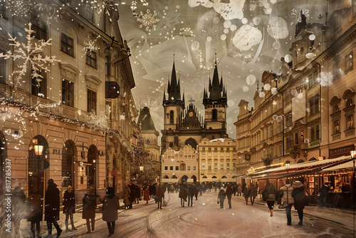 Prague City street scene with snowflakes depicted in watercolor Collage