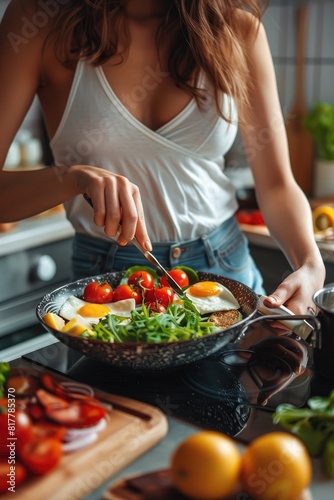 a woman prepares a diet salad. selective focus