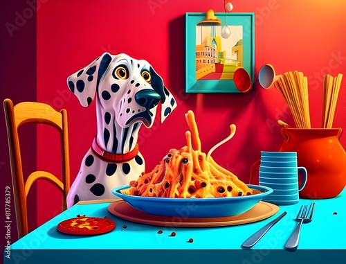Curious Dalmatian Indulges in a Vibrant Plate of sstyle Spaghetti and Meatballs photo
