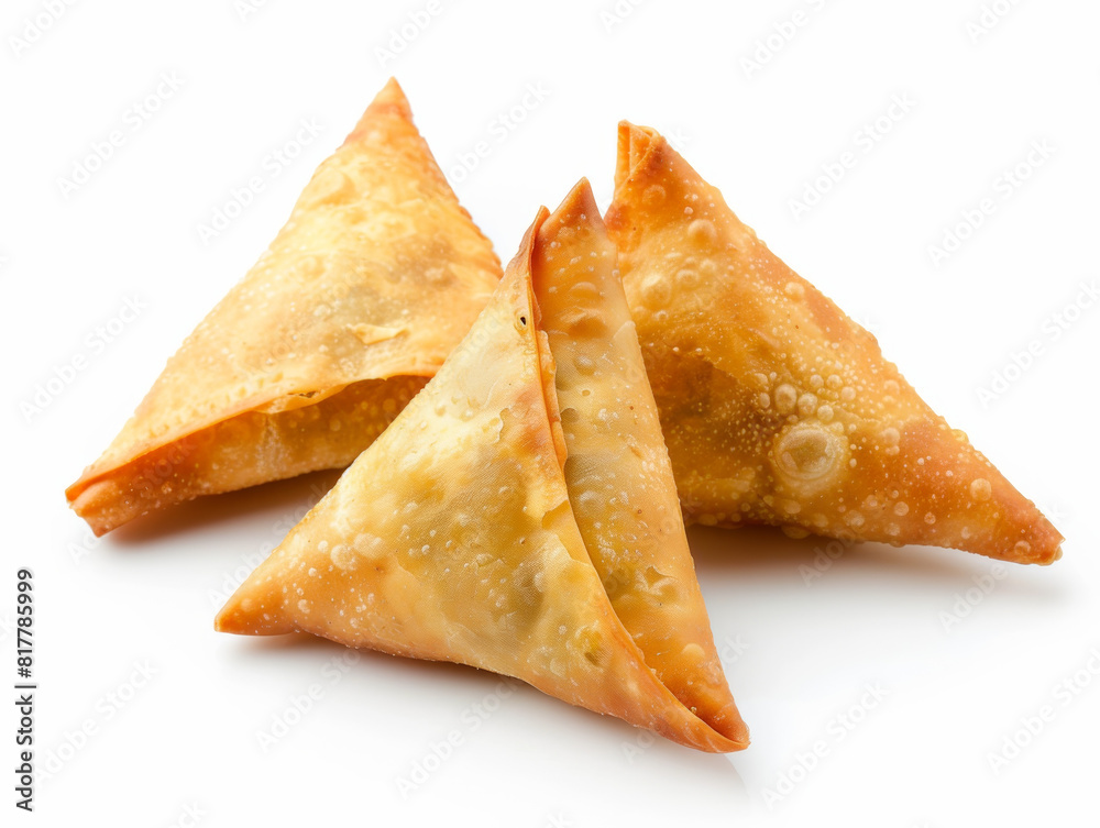 Three triangular pastries with a golden crust Three triangular pastries with a golden crust