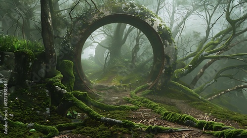 Journey through a mystical forest shrouded in mist, where a deep emerald tire silently traverses the moss-covered pathways, blending seamlessly with the enchanting surroundings. photo