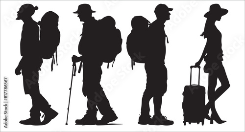 silhouette illustration of travelers standing with backpacks and luggage, adventure and wanderlust design for travel blogs and tourism marketing