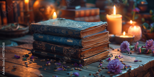 A stack of books sitting on a table with candles and flowers divination