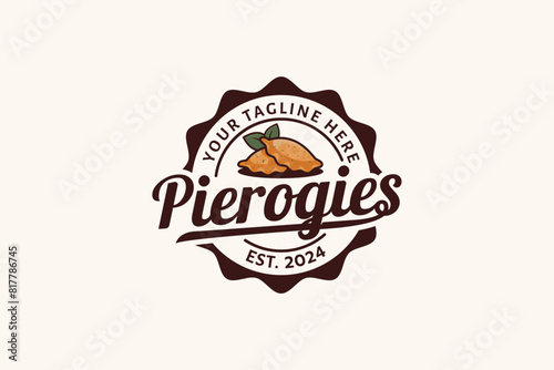 Pierogies logo with a combination of two Pierogies and beautiful lettering in emblem style for food trucks, restaurants, cafes, etc.