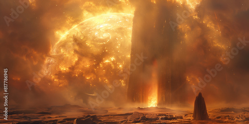 A man stands in front of a planet engulfed in flames fate photo