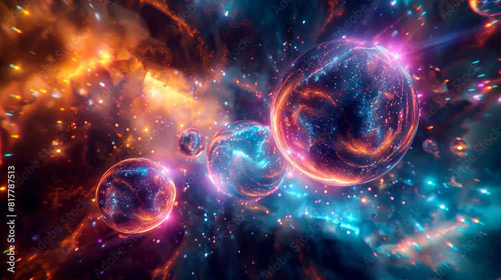 vibrant cosmic bubbles with glowing particles, floating in an ethereal space background, representing the vastness and mystery of outer Space vibrant cosmic bubbles with glowing particles, floating in an ethereal space background, representing the vastness and mystery of outer Space
