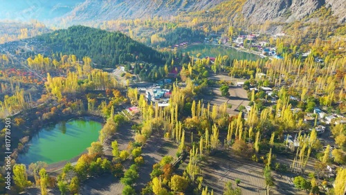 Aerial View Over Lower Kachura Lake, also known as Shangrila Lake Near Skardu In Gilgit−Baltistan. High Angle Shot, Dolly Left photo