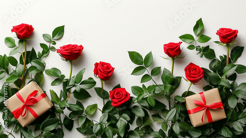 Red Roses with Gift Boxes on White Background.