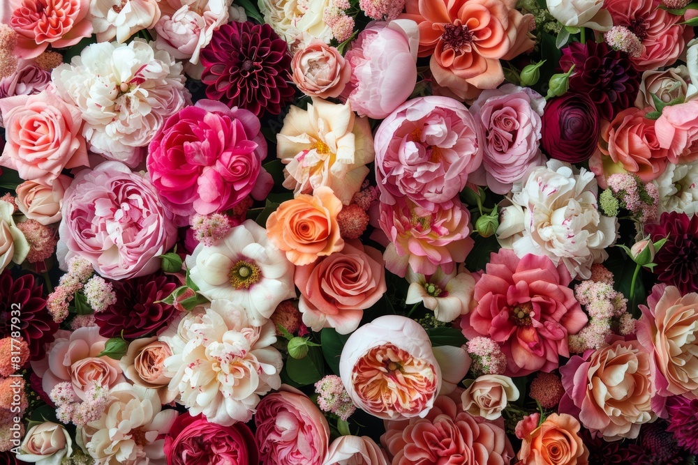 stunning overhead view of a diverse assortment of blooming flowers, showcasing roses, dahlias, and peonies in shades of pink, red, and white, artfully arranged to fill the frame stunning overhead view of a diverse assortment of blooming flowers, showcasing roses, dahlias, and peonies in shades of pink, red, and white, artfully arranged to fill the frame