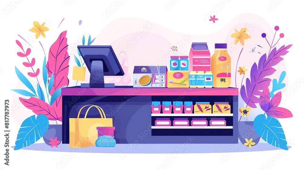 Design a grocery store checkout counter. Make it colorful and inviting. Place a variety of items on the counter, including food, drinks, and flowers. Design a grocery store checkout counter. Make it colorful and inviting. Place a variety of items on the counter, including food, drinks, and flowers.