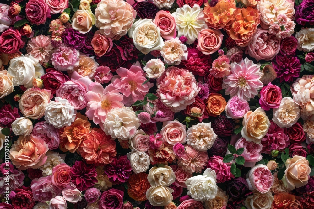 stunning overhead view of a diverse assortment of blooming flowers, showcasing roses, dahlias, and peonies in shades of pink, red, and white, artfully arranged to fill the frame stunning overhead view of a diverse assortment of blooming flowers, showcasing roses, dahlias, and peonies in shades of pink, red, and white, artfully arranged to fill the frame