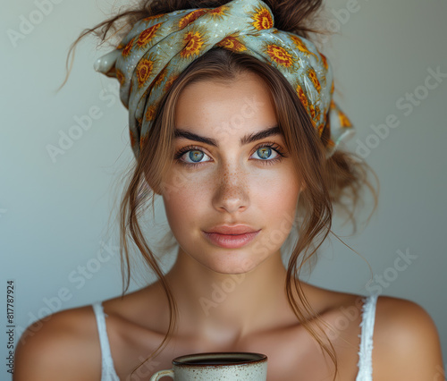 Mujer joven 20s, tez blanca, ojos claros, cabello recogido con pañuelo motivos florales, sujetando taza de café o infusión, fondo claro, primer plano, recurso gráfico, teletrabajo, finanzas, despertar