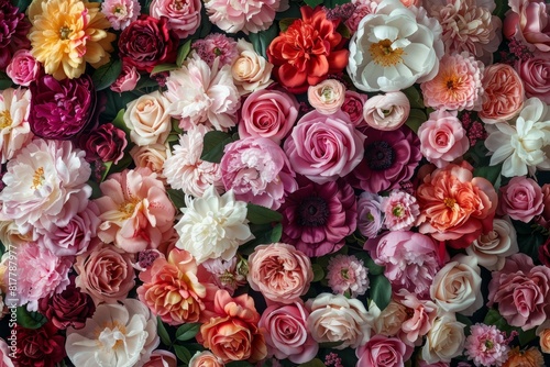 stunning overhead view of a diverse assortment of blooming flowers  showcasing roses  dahlias  and peonies in shades of pink  red  and white  artfully arranged to fill the frame