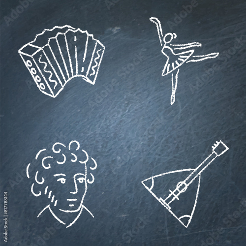 Russian culture national symbols on chalkboard