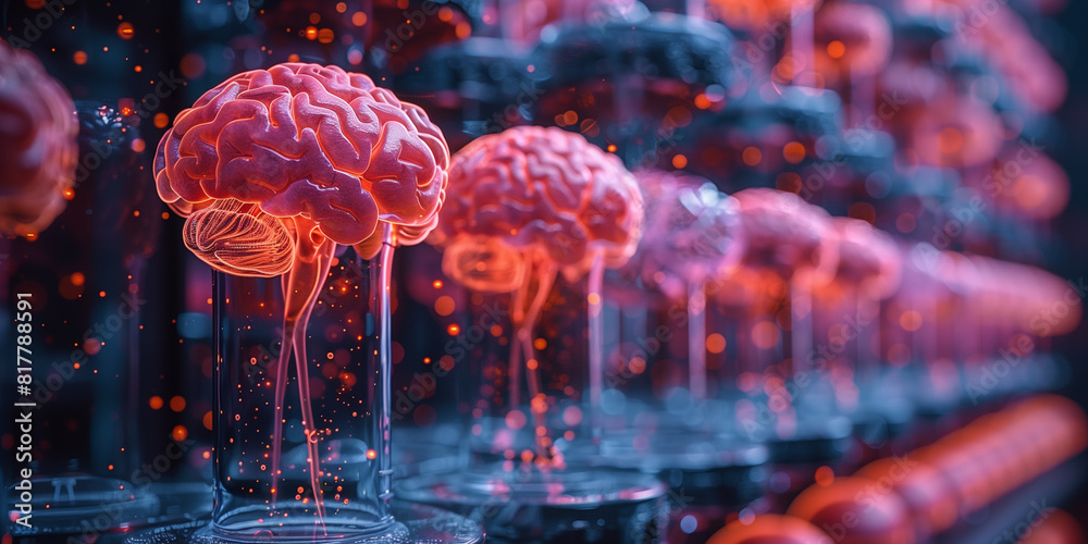 3D rendering of a human brain inside a glass jar in a scientific laboratory setting Macro 3D rendering of a human brain inside a glass jar in a scientific laboratory setting Macro