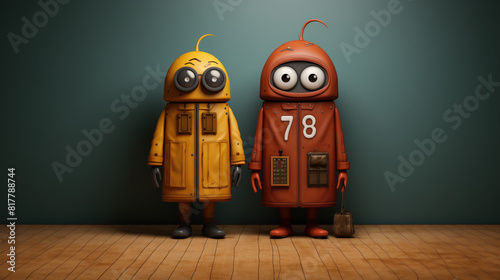 Diseño conceptual divertido 2 seres humanoides o robóticos, rojo y amarillo, de pie, en posición se busca, promover la idea de no te quedes desconectado, marciano, ajeno a la realidad, 78, fondo liso photo