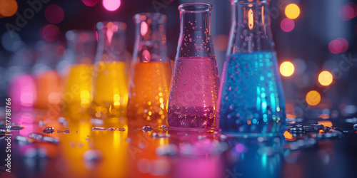 Various colorful liquids in beakers placed on a laboratory table Macro