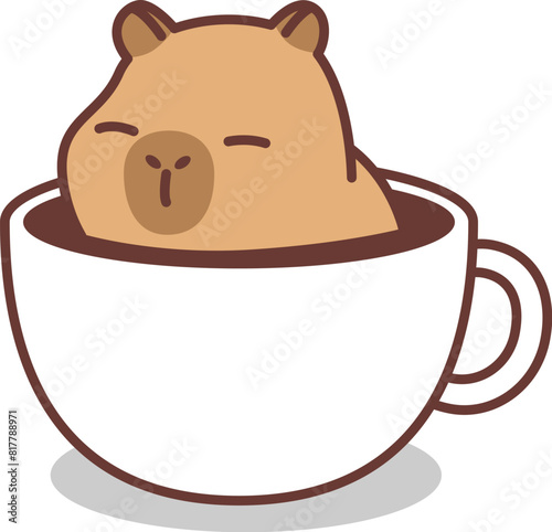 Cute capybara in coffee cup cartoon, vector illustration