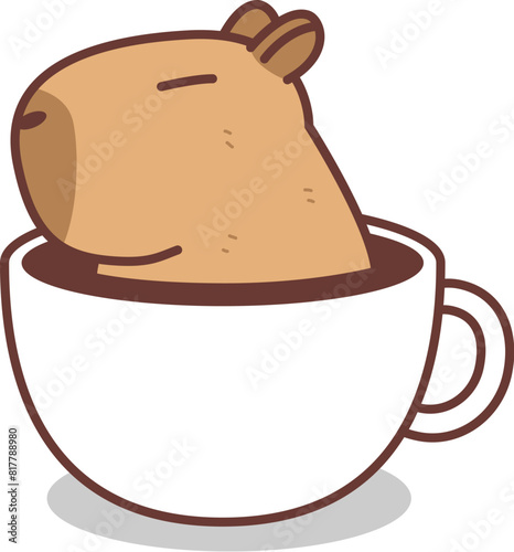 Cute capybara in coffee cup cartoon, vector illustration