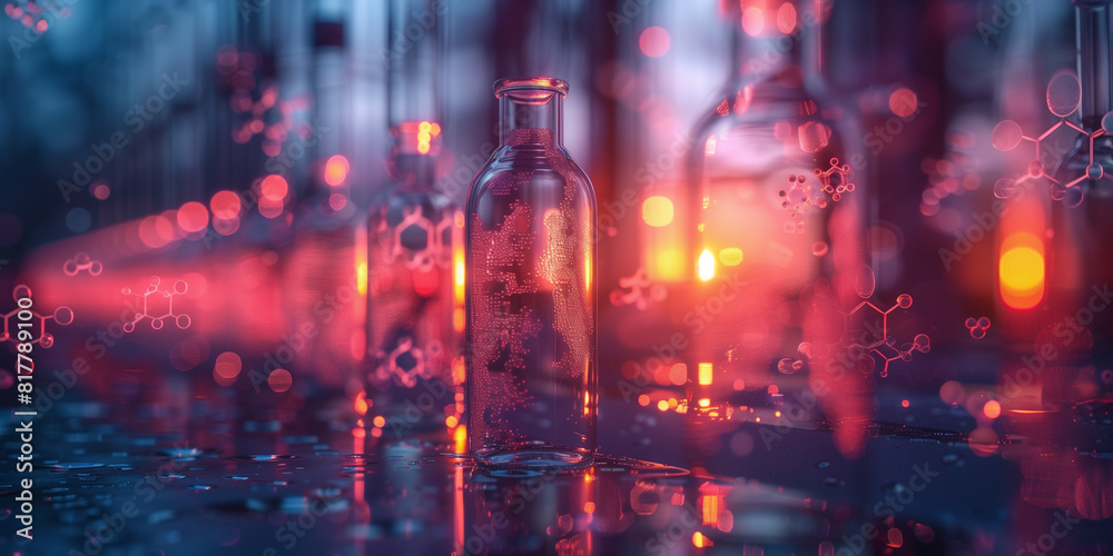 Several bottles positioned in a laboratory with a red light illuminating from behind Macro Several bottles positioned in a laboratory with a red light illuminating from behind Macro