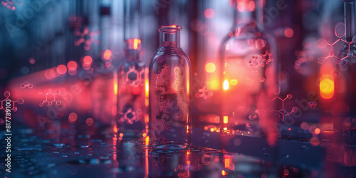 Several bottles positioned in a laboratory with a red light illuminating from behind Macro