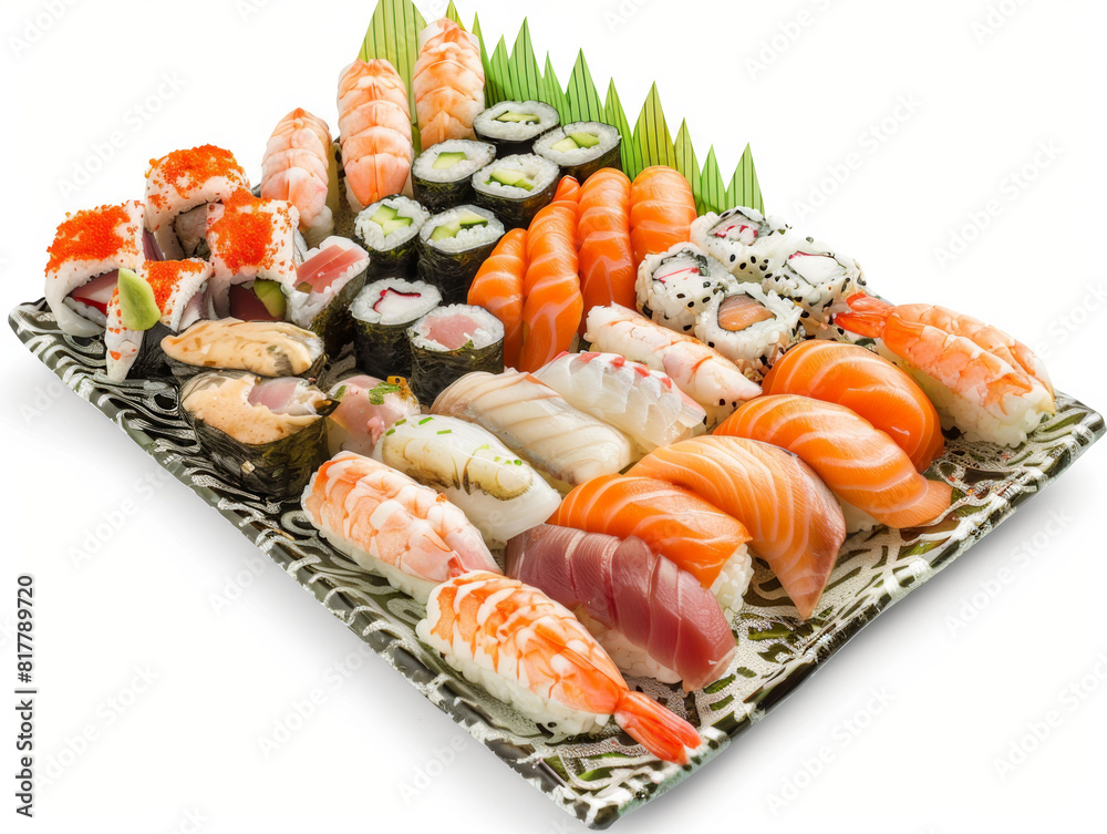 A plate of assorted sushi with a green leaf on top A plate of assorted sushi with a green leaf on top