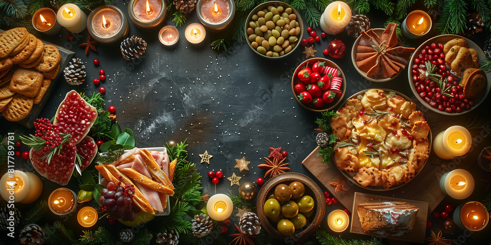 A Christmas table filled with a variety of dishes and glowing candles for a festive celebration A Christmas table filled with a variety of dishes and glowing candles for a festive celebration