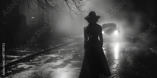 Black and white image of a woman silhouette walking alone down a dimly lit street noir