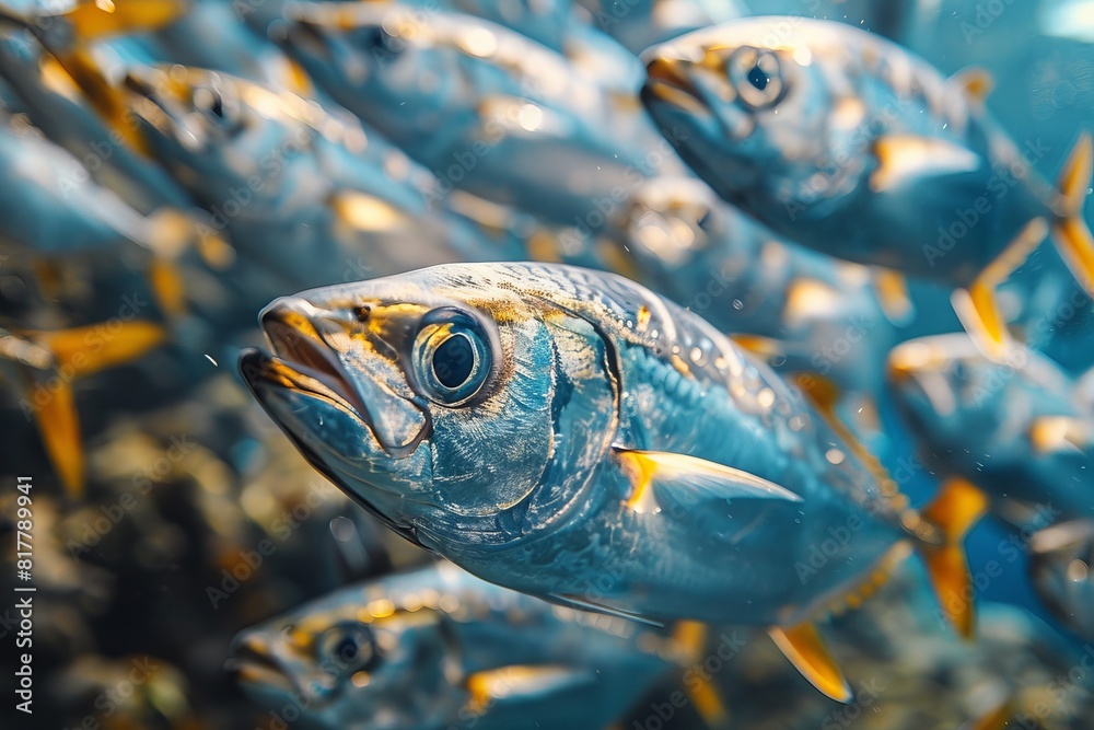 School of Mackerel swimming in open waters, representing marine biodiversity. School of Mackerel swimming in open waters, representing marine biodiversity.