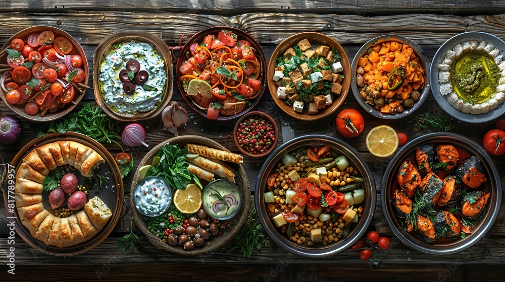 top view arrangement of traditional Greek dishes top view arrangement of traditional Greek dishes