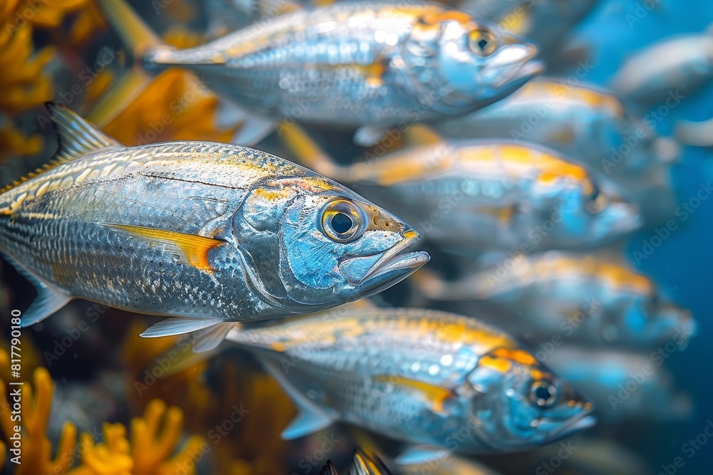 School of Mackerel swimming in open waters, representing marine biodiversity. School of Mackerel swimming in open waters, representing marine biodiversity.