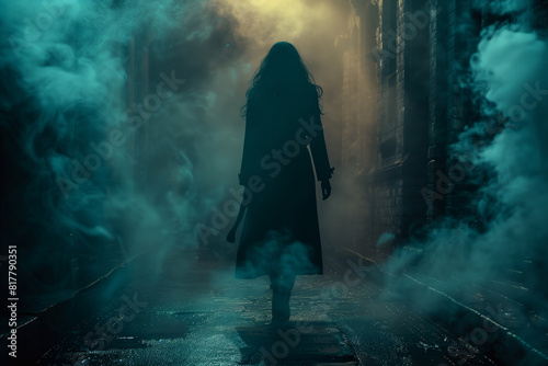 Silhouette of woman is walking down a dark alley with smoke in the background noir