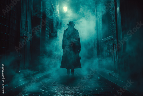 Silhouette of  man in a trench coat walks down a dimly lit alley at night noir photo