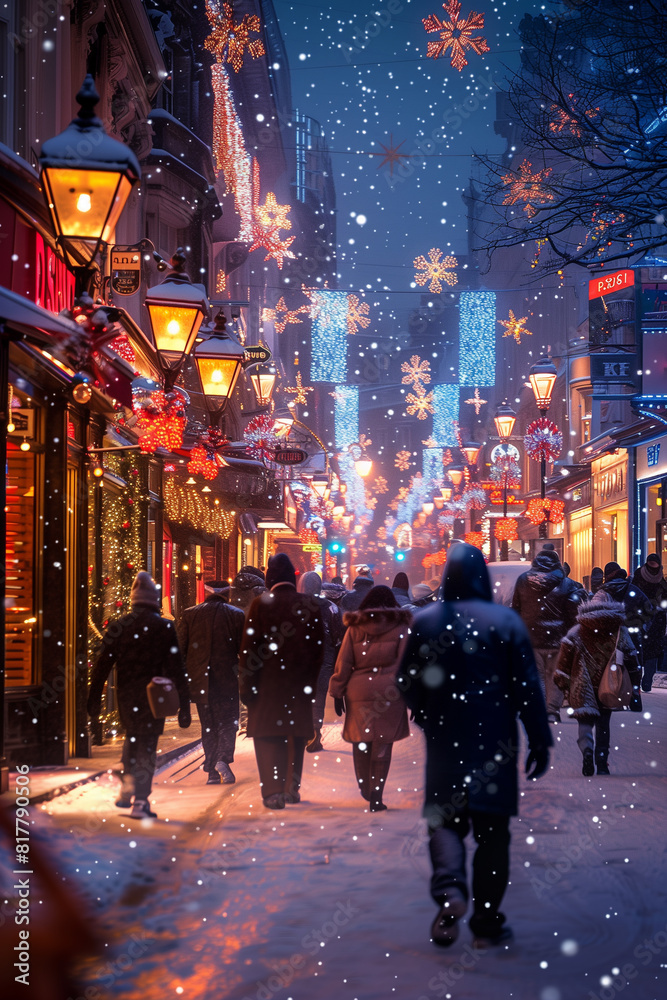 Obraz premium Group of people walking on a snowy street lined with festive christmas lights