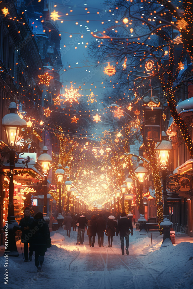 Obraz premium Group of individuals navigating a snow-covered street adorned with twinkling Christmas lights