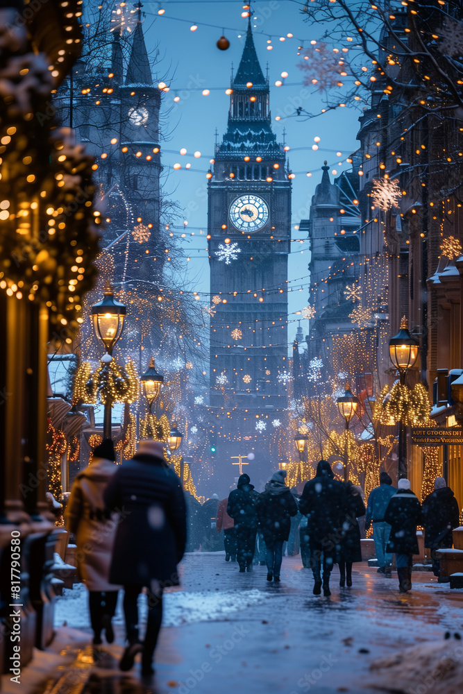 Obraz premium A wintry scene in London with people strolling down a street decorated with festive Christmas lights