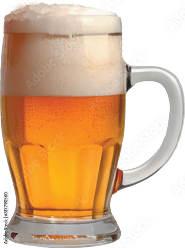 Beer. Tall glass beer glass. The beer is foamy. Foam and drops on the walls of the glass. Vector. 
