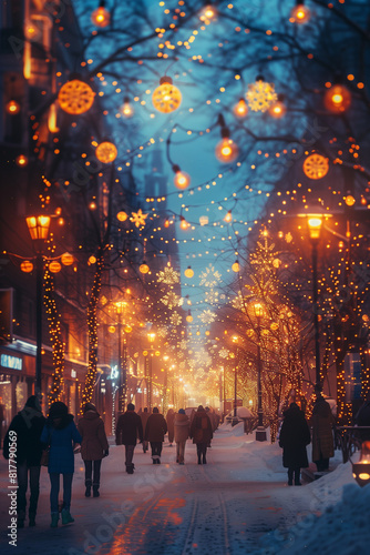 Group of individuals walking on a snow-covered street adorned with Christmas lights