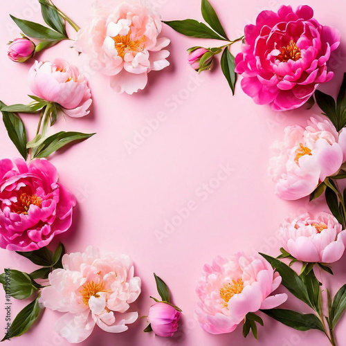 frame made of beautiful peony flowers on pink background  generative ai