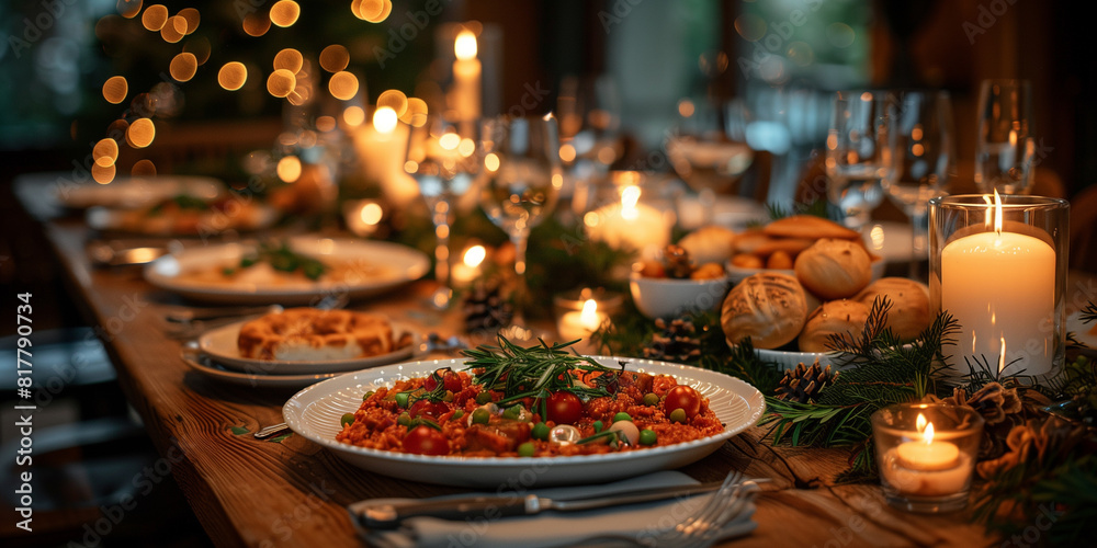 A Christmas dining table set with various food dishes and lit candles