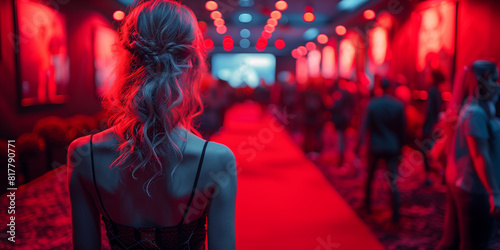 A woman gracefully walks down a red carpet in a nightclub setting noir