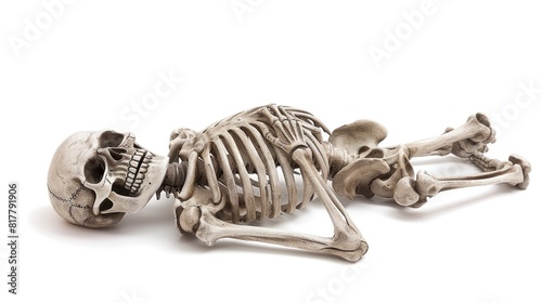 Human skeleton lying down. death concept. isolated on white background