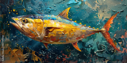 A realistic oil painting of a yellowfin tuna fish in an underwater scene