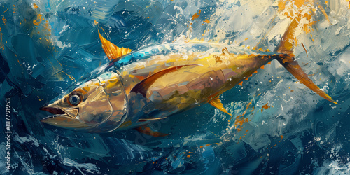 A painting of a fish Yellowfin tuna gracefully swimming in the ocean depths
