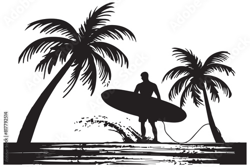 Black line art illustration of surfing man on the beach