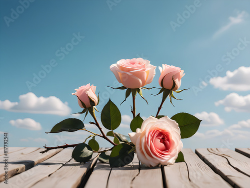 Pink roses on wooden background