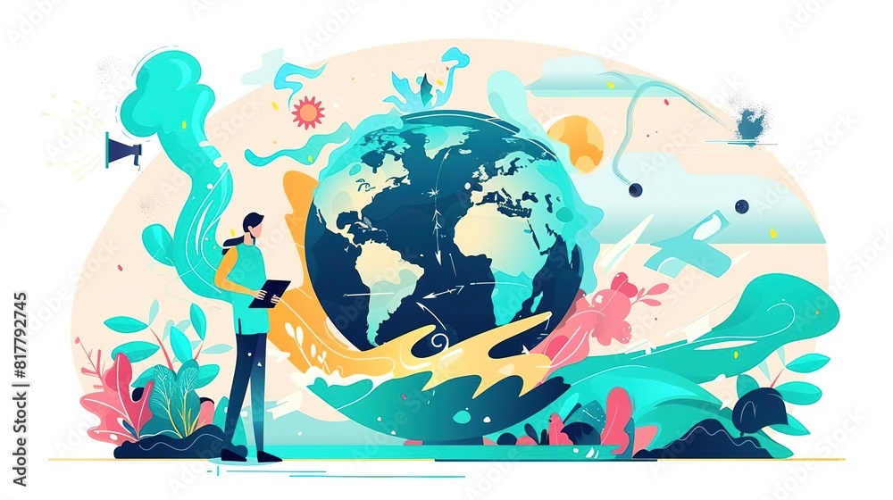 Naklejka premium A man standing in front of a globe holding a tablet. The globe is surrounded by colorful abstract shapes representing the weather.