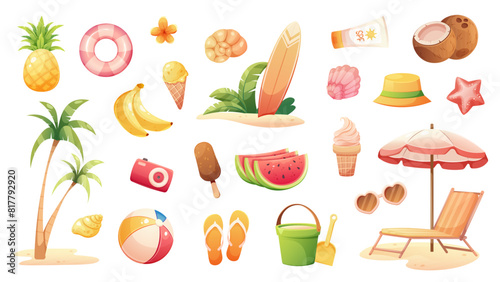 Big summer set of icons. Vector elements. Fruit, palm tree, ball, flower, seashells, sun lounger, surfboard, ice cream