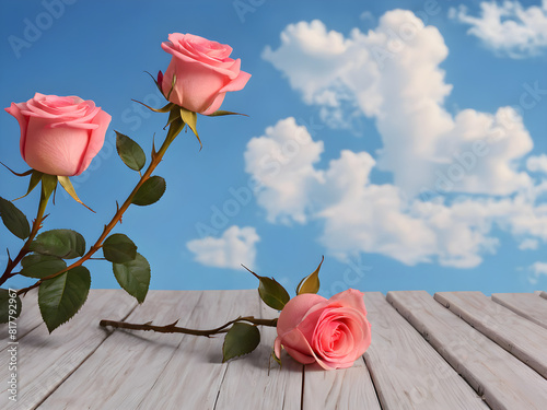 Pink roses on a wooden background.