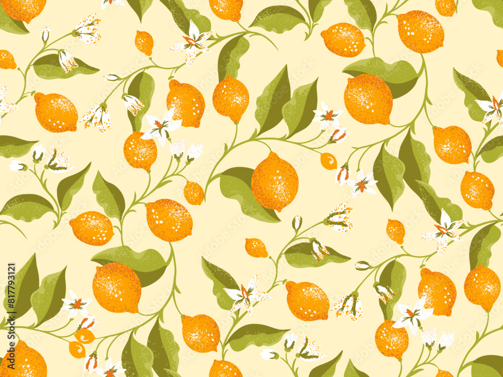 Tropical seamless pattern with blooming yellow lemons, limes on branch with green leaves and buds. Vector hand drawing. Abstract artistic summer fruit repeated background. Designs for textiles kitchen